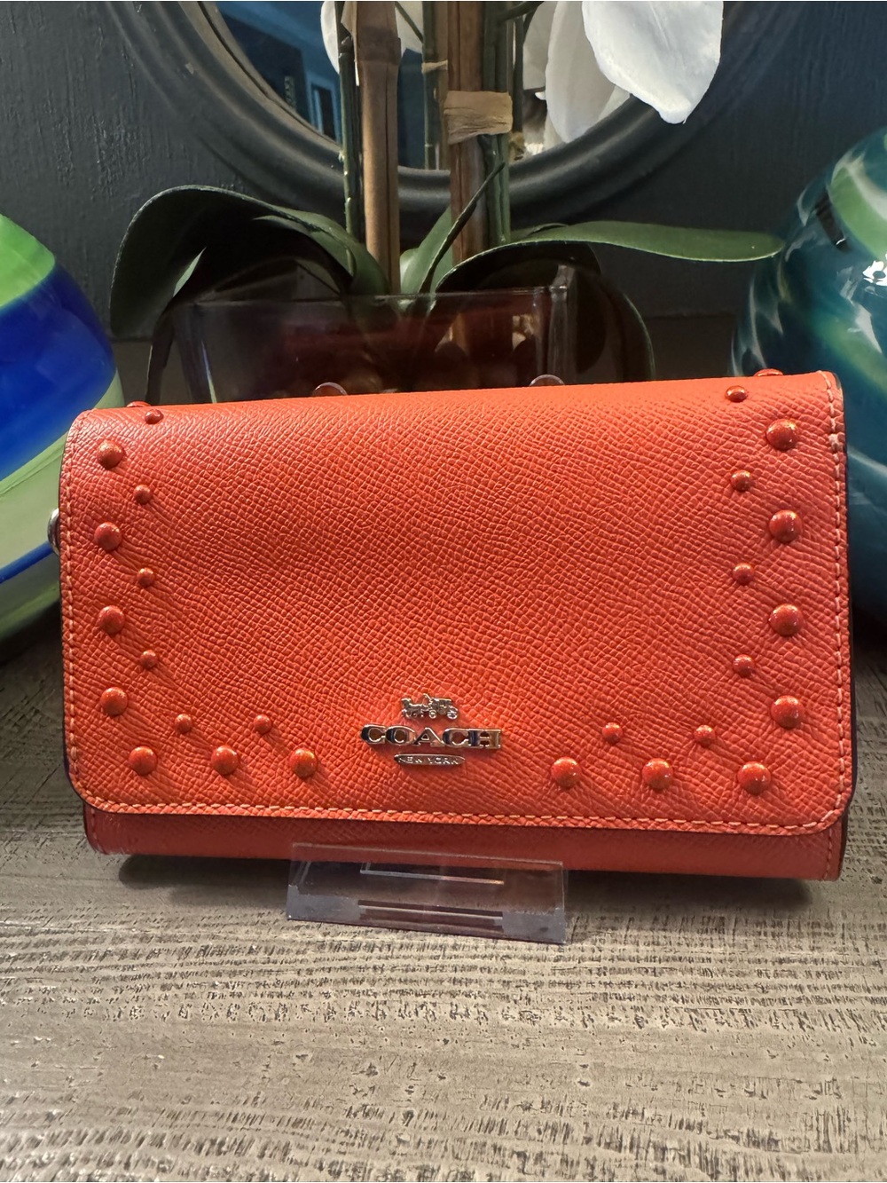 Coach Coral Studded Saffiano Leather Flap Wallet EUC
